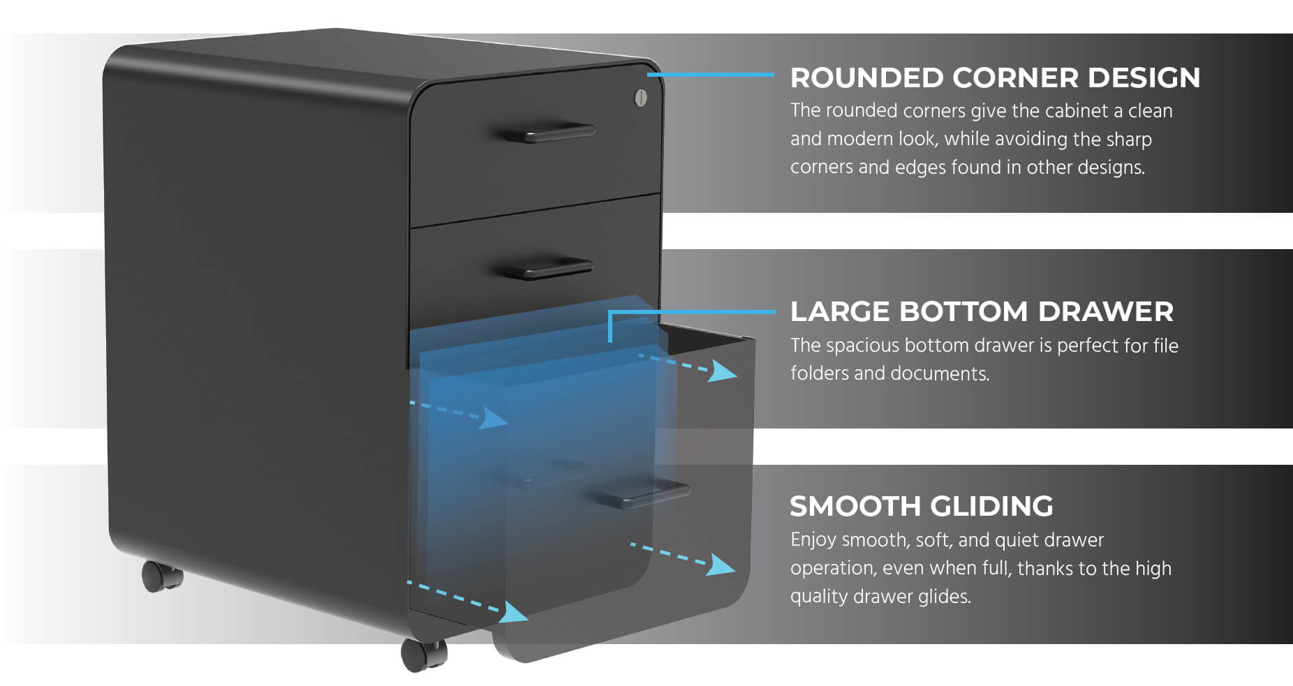 Workstream By Monoprice Rolling Round Corner 3 Drawer File Cabinet Black Monoprice Com