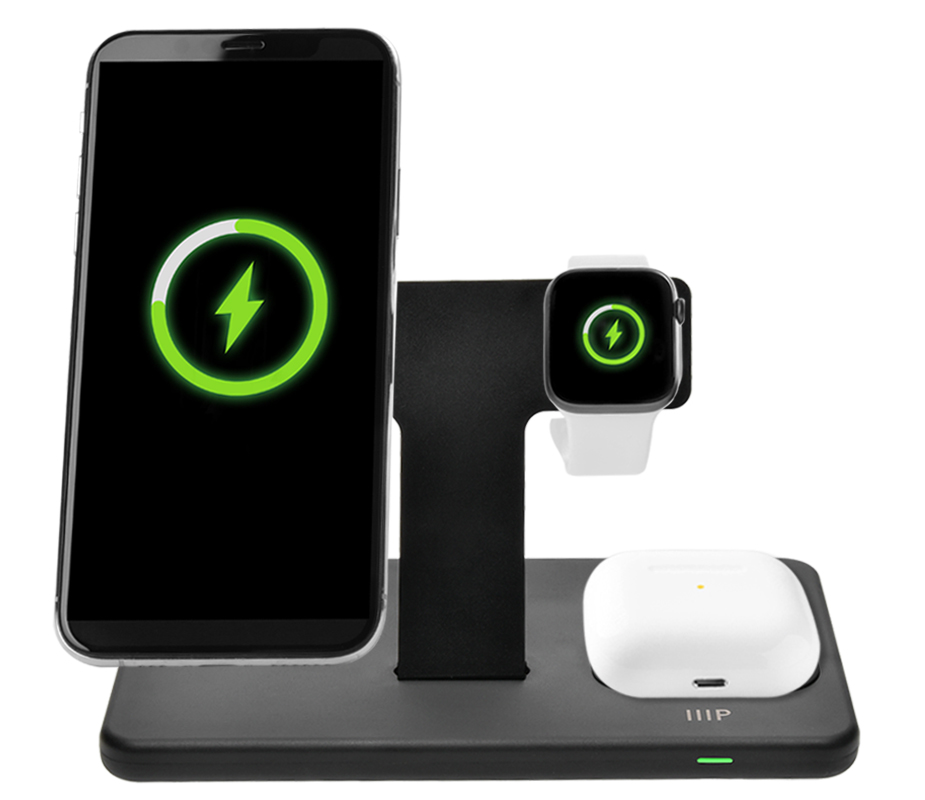 Monoprice Magsafe 3-in-1 Wireless Charging Stand, Bundled with QC3.0 Wall Charger