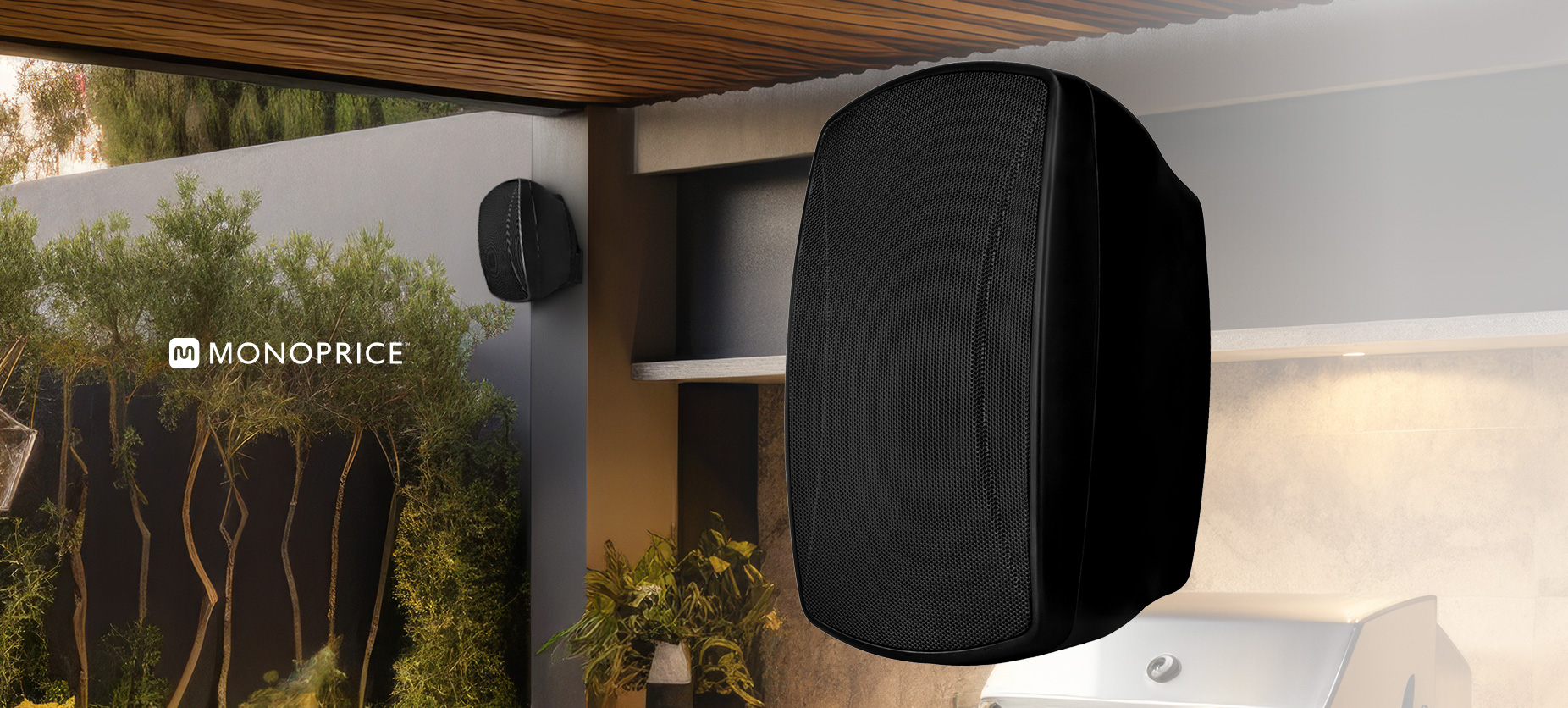 Monoprice 5.25in. Weatherproof 2-Way 70V Indoor/Outdoor Speaker, Black (Each) for Use in Whole Home Audio Systems, Restaurants, Bars, Patio, Poolside, image size:1852x836