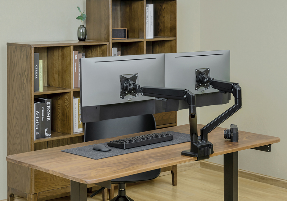Workstream by Monoprice Low Profile Dual Monitor Gas Spring Desk Mount - Up to 32in/19.8 lbs Screens, Detachable VESA 100x100/75x75 Plate, 180 Degree Wall Stop, Topside Installation