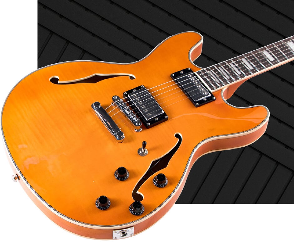Indio by Monoprice Boardwalk Transparent Amber Semi Hollow Body Electric  Guitar with Gig Bag