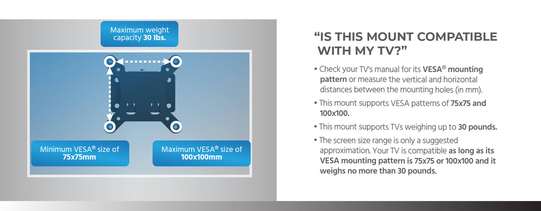 Monoprice Essential Tilt TV Wall Mount Bracket For 10" To 26" TVs  up to 30lbs, Max VESA 100x100, Heavy Duty Works with Concrete and Brick 